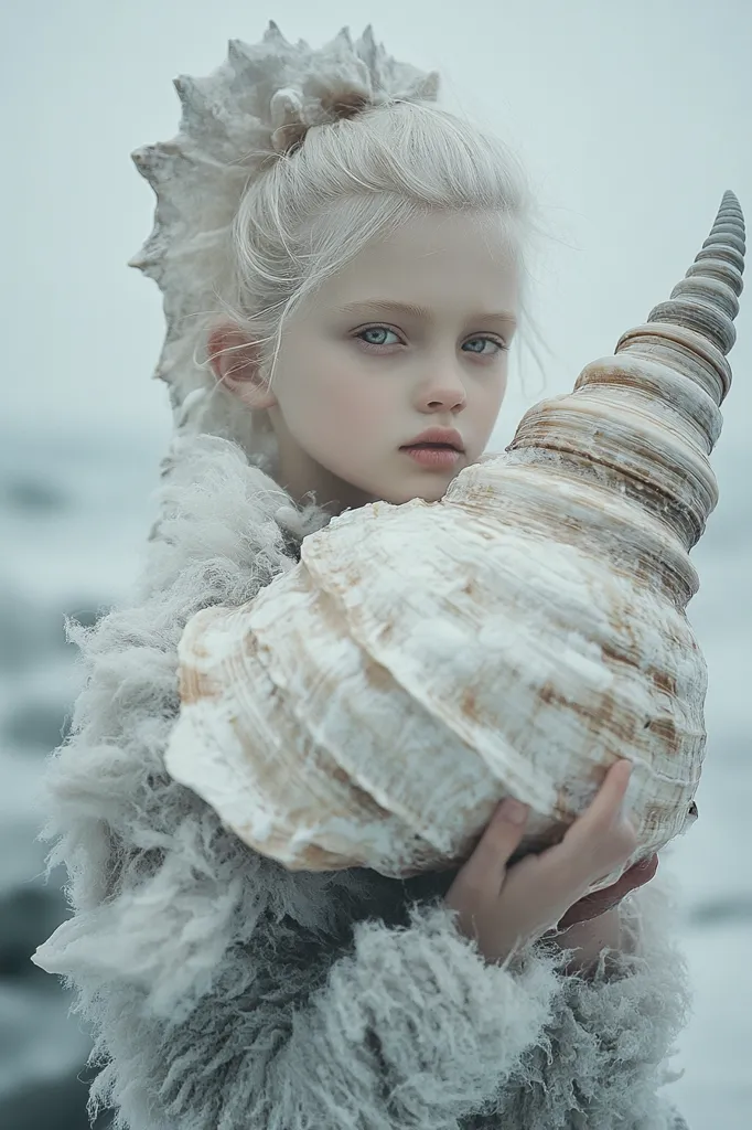 A young girl with pale skin and white hair, adorned with a seashell hairpiece, holds a large, spiraled seashell.  She's dressed in a fluffy, light grey coat, creating a ethereal, almost mystical,  image. The background is blurred, suggesting a beach setting. The overall tone is serene and otherworldly.