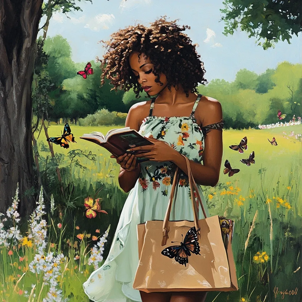 A young Black woman with curly hair, wearing a floral sundress, stands in a sun-drenched meadow.  She attentively reads a book, surrounded by wildflowers and butterflies flitting nearby. A large tote bag hangs from her shoulder, adding to the idyllic scene. The painting captures a moment of peaceful solitude in nature.