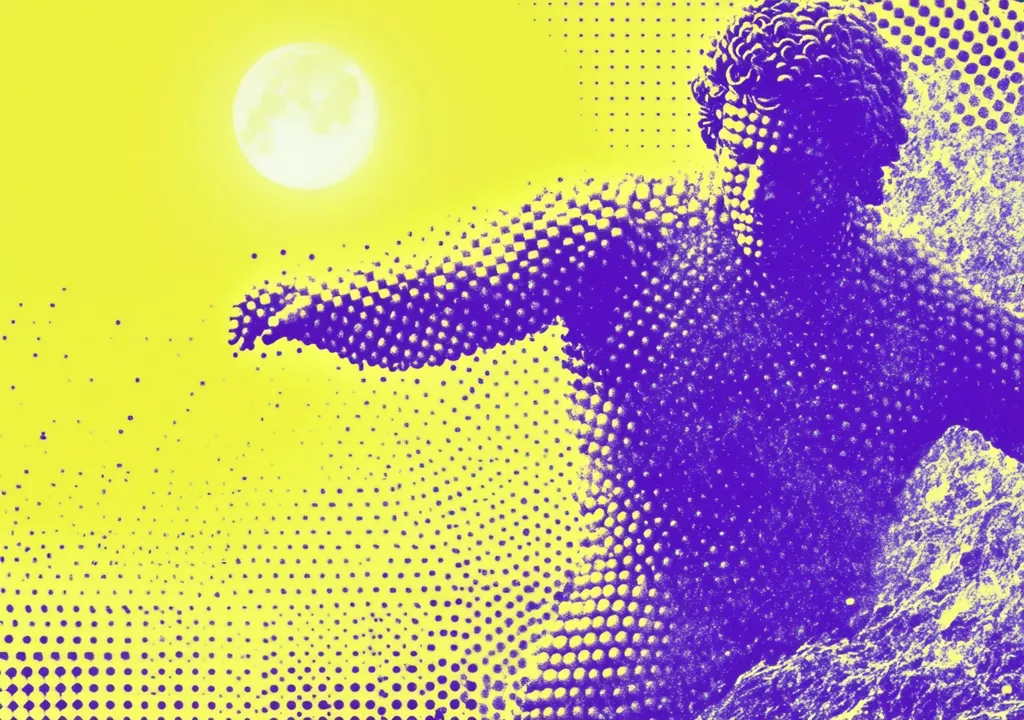 The image showcases a stylized depiction of a classical statue, possibly representing a god or hero, rendered in a vibrant halftone pattern.  The figure is primarily purple, contrasted against a bright yellow background, with a large, bright moon visible in the upper portion.  The halftone effect creates a sense of movement and energy, giving the image a modern, almost abstract feel.