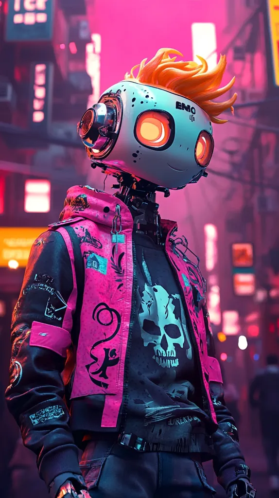 A cyberpunk-styled robot, with bright orange hair, dons a vibrant pink and black jacket adorned with graffiti-like designs.  The robot's head is round with glowing orange eyes, and its metallic body is partially visible beneath the clothing.  The backdrop is a neon-lit cityscape, enhancing the futuristic and edgy aesthetic. The robot's expression is neutral, yet its bold attire suggests a rebellious personality.