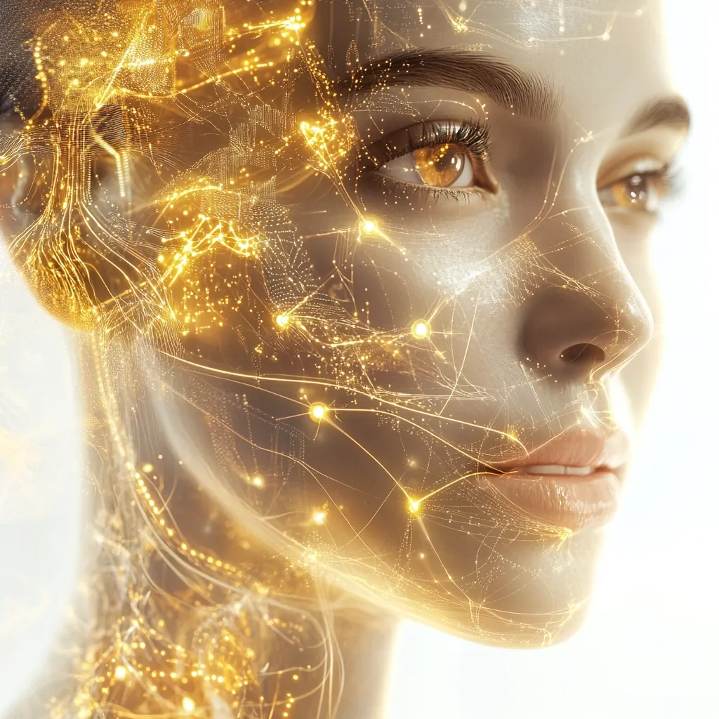 A woman's face is overlaid with a luminous, golden network of interconnected lines and nodes, resembling neural pathways or data streams.  The effect creates a futuristic, ethereal beauty, blending organic form with digital energy.  Her expression is serene, her gaze directed slightly away, suggesting contemplation or connection to something unseen. The overall impression is one of technological advancement and human transcendence.