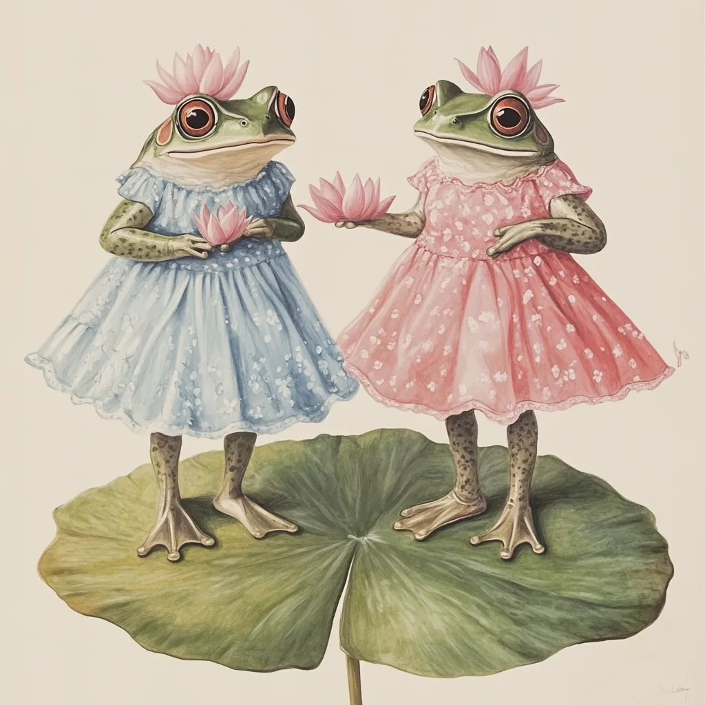 Two frogs, adorned in pastel pink and blue dresses, stand on a large lily pad.  Each frog wears a crown of pink lotus blossoms and holds a smaller lotus flower.  Their expressive eyes and detailed dresses create a whimsical and charming scene, rendered in a delicate watercolor style.  The overall impression is one of gentle elegance and fairytale charm.
