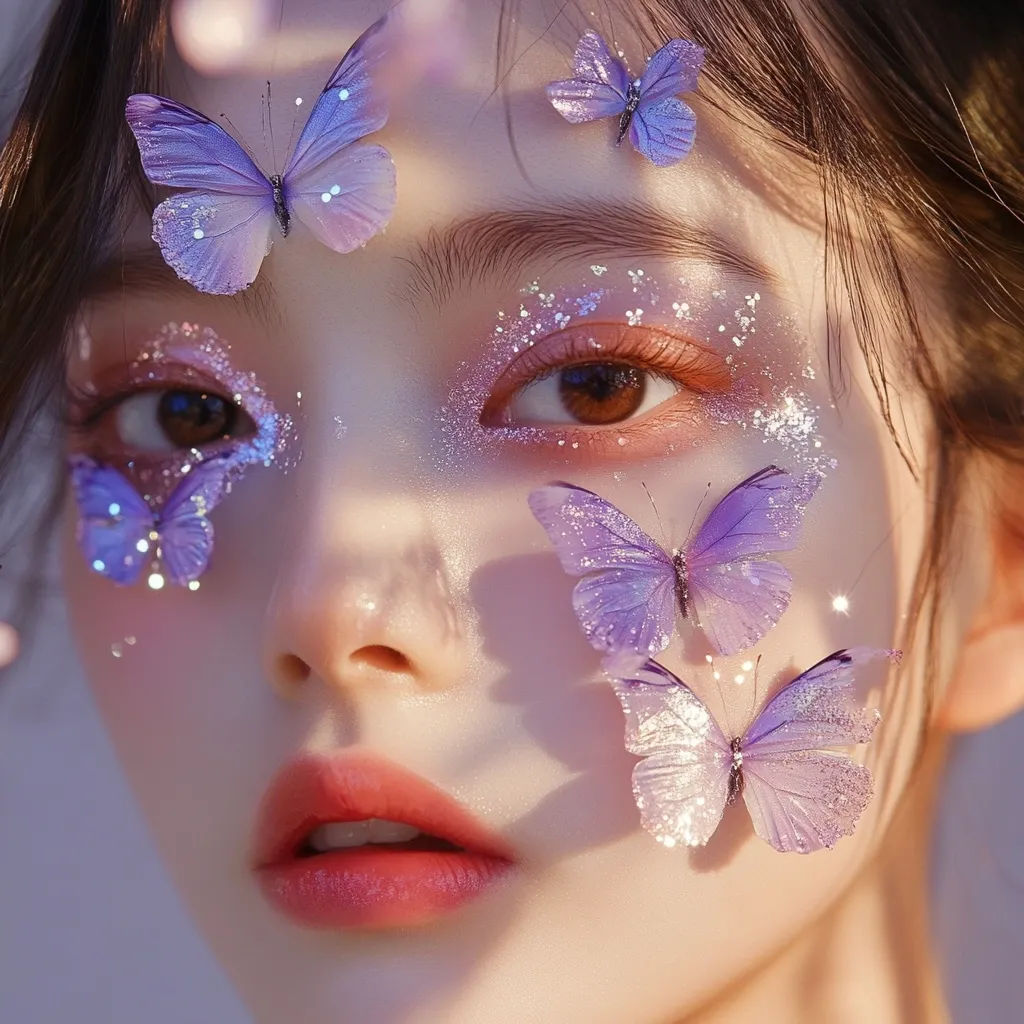 A close-up shot of a young woman's face adorned with delicate, iridescent purple butterflies.  Her makeup features shimmering, glittery accents around her eyes, complementing the ethereal butterfly motif. Soft, natural light illuminates her features, creating a dreamy, whimsical aesthetic. The overall effect is one of magical beauty and delicate artistry.