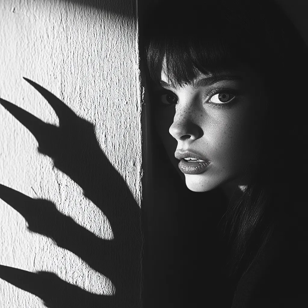 A black and white close-up portrait of a young woman with freckles, partially hidden behind a wall.  Her expression is apprehensive.  A large, clawed shadow is cast on the wall beside her, creating a dramatic and unsettling atmosphere.  The contrast between light and shadow emphasizes her vulnerable position.