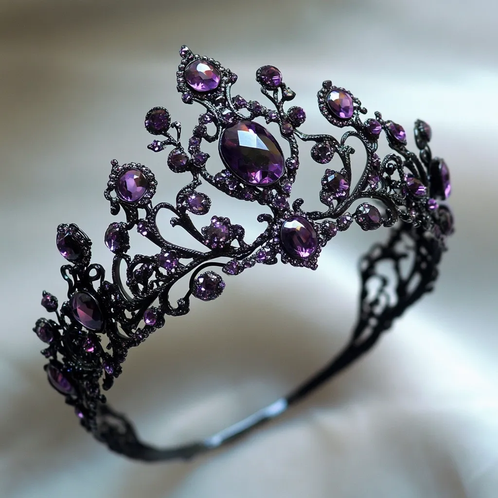 A black metal tiara adorned with numerous dark purple gemstones.  The intricate design features ornate filigree work, showcasing a regal and slightly gothic aesthetic.  The tiara's band is slender, providing a delicate contrast to the heavy embellishment of the crown's top.  The overall effect is one of dark elegance and mysterious beauty.