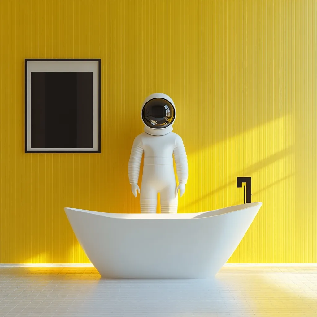 A minimalist bathroom features a bright yellow wall, a white bathtub, and a framed black square.  A lone astronaut, clad in a white spacesuit and helmet, stands serenely in the bathtub, creating a surreal and unexpected scene. The overall aesthetic is clean, modern, and slightly whimsical.  The sunlight streams in, casting shadows on the yellow wall.