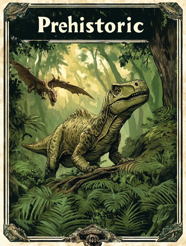 A prehistoric scene is depicted, featuring a large, reptilian dinosaur in a lush, green jungle environment.  Lush ferns and dense trees fill the background.  A flying reptile, possibly a pterosaur, soars overhead. The artwork has a vintage, almost antique card style, with a border and the word "Prehistoric" prominently displayed at the top. The overall tone is dark and mysterious, suggestive of a primeval world.