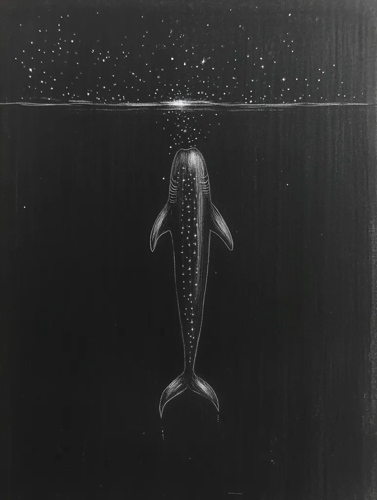A monochrome illustration depicts a whale shark swimming upwards towards the surface.  The water's surface acts as a mirror, reflecting a starry night sky.  The shark is rendered in white, its body speckled with smaller white dots, against a dark, textured background suggesting chalkboard or charcoal.  The scene evokes a sense of mystery and tranquility, a quiet moment beneath a vast, starlit ocean.