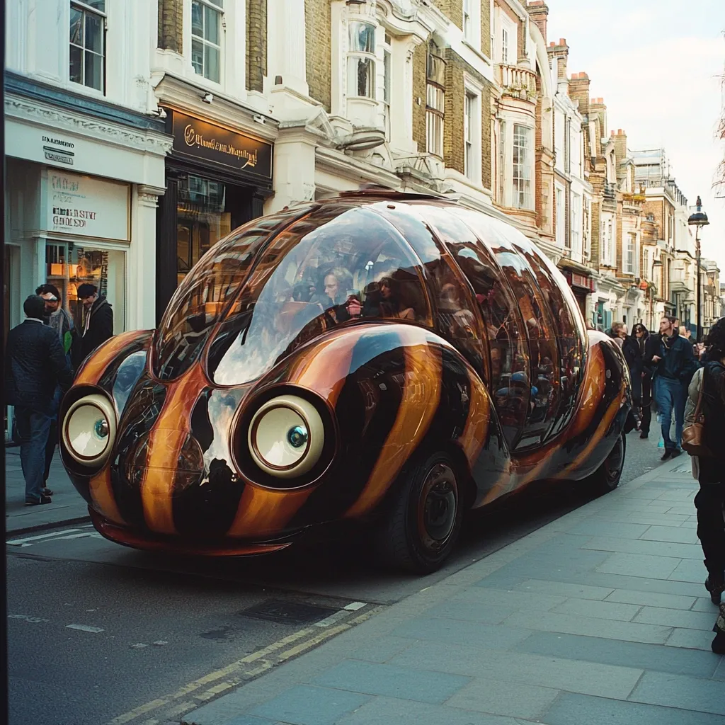A whimsical, beetle-shaped vehicle, painted in swirling brown and black stripes, is parked on a city street.  Large, cartoonish eyes adorn its front.  The car's transparent top reveals passengers inside.  People stroll along the sidewalk, lined with traditional townhouses. The scene evokes a fantastical, possibly film-related, moment.