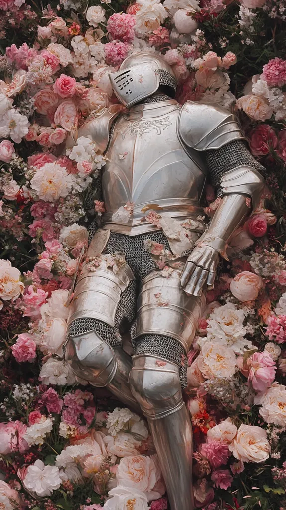 A suit of shining silver medieval knight's armor rests languidly amongst a profusion of pale pink and white roses and other blossoms.  The helmet is tilted back, and the armor is partially obscured by the flowers, creating a striking juxtaposition of strength and delicate beauty. The image evokes a sense of romantic fantasy or a surreal dream.