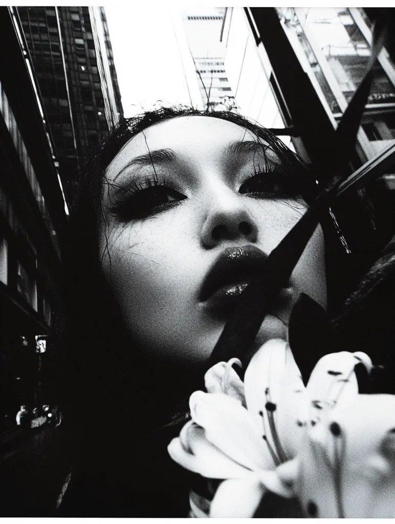 A dramatic black and white close-up portrait of a woman's face, tilted upward. Her expression is intense, her eyes accentuated by makeup.  Tall buildings loom in the background, creating a stark contrast between the urban landscape and the intimate focus on the subject. A large flower is partially visible in the lower right corner, adding a touch of softness to the otherwise harsh image. The overall mood is moody and stylish.