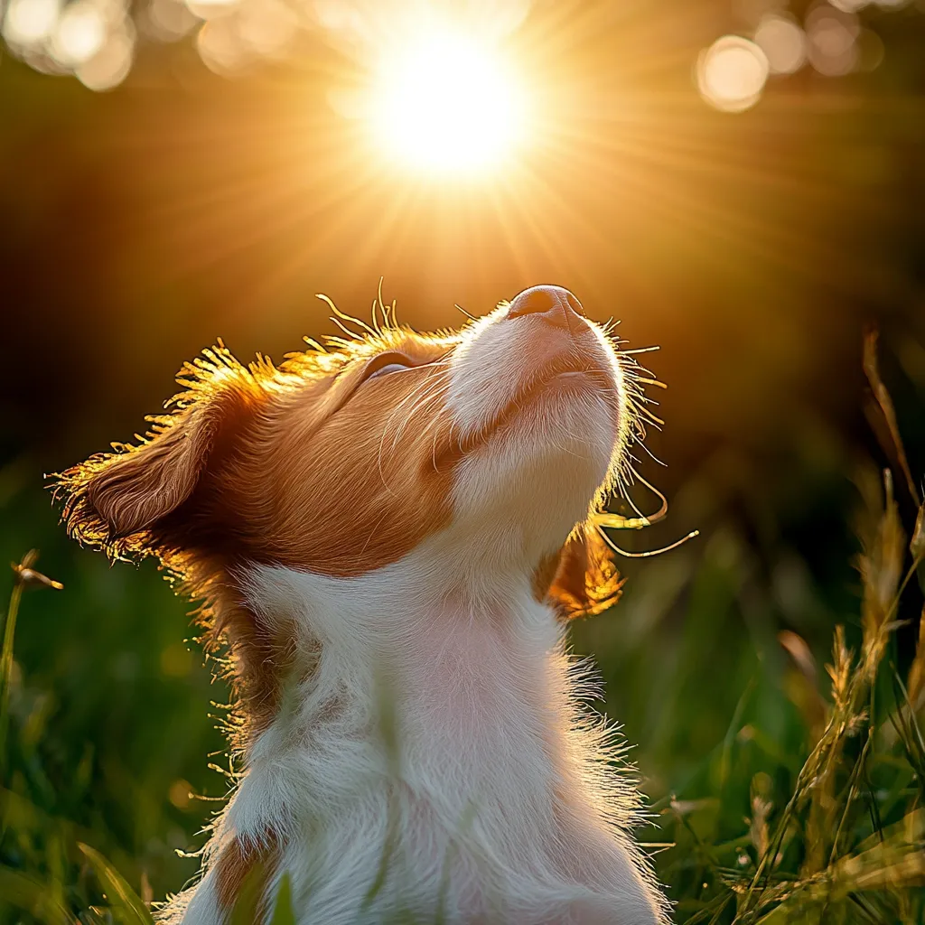 A charming puppy, possibly a spaniel mix, gazes upward at the setting sun.  Golden sunlight illuminates its fur, highlighting the reddish-brown and white markings.  The dog's expression is serene and joyful, bathed in the warm glow of the late afternoon light.  The grassy background is softly blurred, focusing attention on the adorable canine subject.