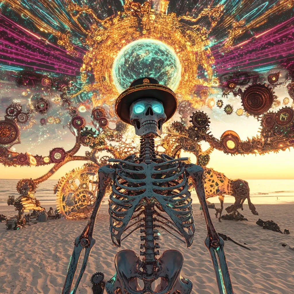 A skeletal figure, wearing a top hat, stands on a beach at sunset.  Behind it looms a fantastical, steampunk-inspired structure of gears and cogs, reaching towards a vibrant, swirling celestial body. The scene is surreal and blends elements of fantasy, sci-fi, and a touch of macabre.  The overall effect is one of awe and mystery.