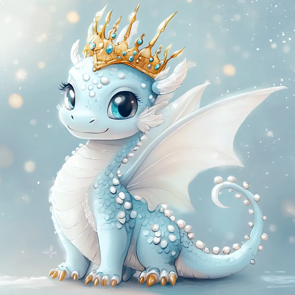 An adorable baby dragon, light blue with pearl-like scales, sits proudly wearing a golden crown adorned with turquoise gems.  Its large, expressive eyes and curled tail add to its charming appearance.  The soft, pastel background suggests a winter wonderland setting, enhancing the dragon's delicate beauty.  The artwork is digitally painted with a focus on soft textures and light.