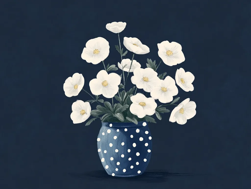 A bouquet of white flowers, possibly anemones, sits in a navy blue polka-dotted vase against a dark blue background. The illustration is done in a painterly style with soft brushstrokes, creating a serene and elegant image.  The contrast between the white blooms and the dark background enhances the floral arrangement's beauty.