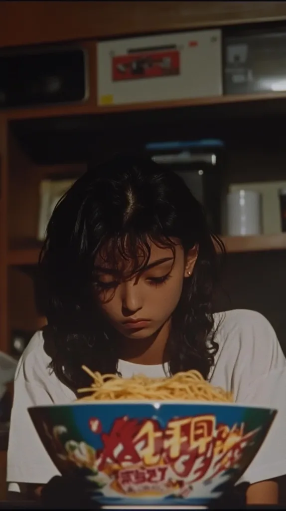 A young woman with dark, curly hair looks down at a large bowl of noodles.  She's wearing a white t-shirt and is seated in front of a wooden cabinet. The bowl is brightly colored with Asian characters visible. The overall aesthetic is reminiscent of 90s film photography, with warm lighting and a slightly grainy texture.