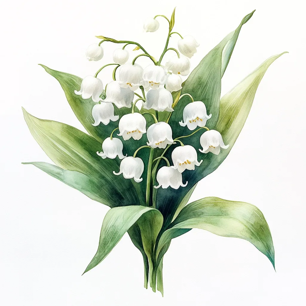 A watercolor painting depicts a delicate bouquet of lily of the valley.  Numerous small, bell-shaped white flowers cluster along gracefully arching stems, surrounded by vibrant green leaves. The artwork showcases the subtle details of the blossoms and foliage, creating a serene and elegant image. The painting's style is realistic, highlighting the natural beauty of the flowers.
