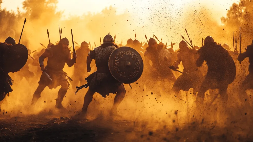 A dramatic depiction of a fierce ancient battle.  Silhouetted warriors clash amidst a cloud of dust and flying debris, their spears and swords raised high.  The setting sun casts an orange glow on the scene, highlighting the intensity of the conflict and the warriors' determination.  Shields are raised in defense, the air thick with the energy of combat.