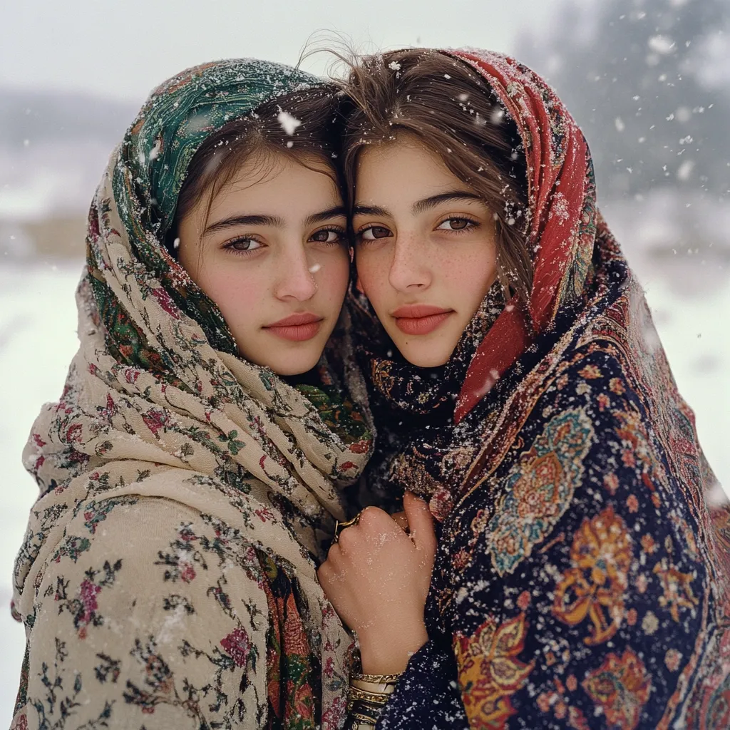 Two young women stand close together, their faces partially obscured by intricately patterned scarves.  Snow gently falls around them, creating a romantic winter scene. The scarves, in shades of cream, green, and deep reds, are richly detailed with floral motifs.  Their hands are clasped together, conveying intimacy and warmth against the cold backdrop.  The overall mood is one of serene beauty and sisterly connection.