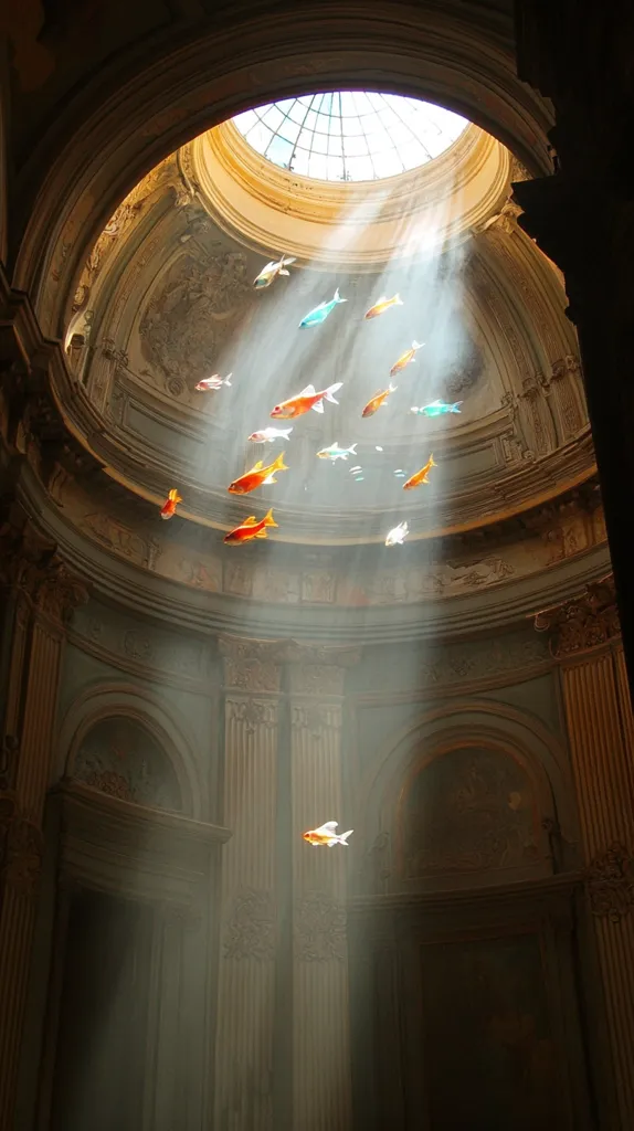 Sunlight streams through a cupola onto the ornate interior of a grand building.  Numerous goldfish, orange and blue, appear to swim through the light beams, creating a surreal and dreamlike scene.  The architectural details are rich, with pillars and arched recesses, contributing to the majestic atmosphere. The juxtaposition of the fish and the classical architecture is striking and unexpected.