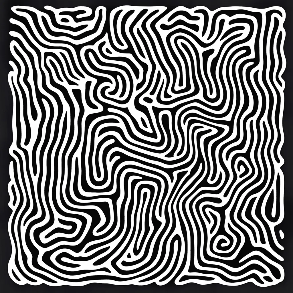 The image is a black and white abstract design. It features a complex pattern of interwoven, curving lines that create a mesmerizing maze-like effect. The lines are thick and bold, creating a strong contrast between the black and white areas.  The overall effect is visually stimulating and reminiscent of organic forms or natural textures.  The pattern is densely packed, with little negative space.