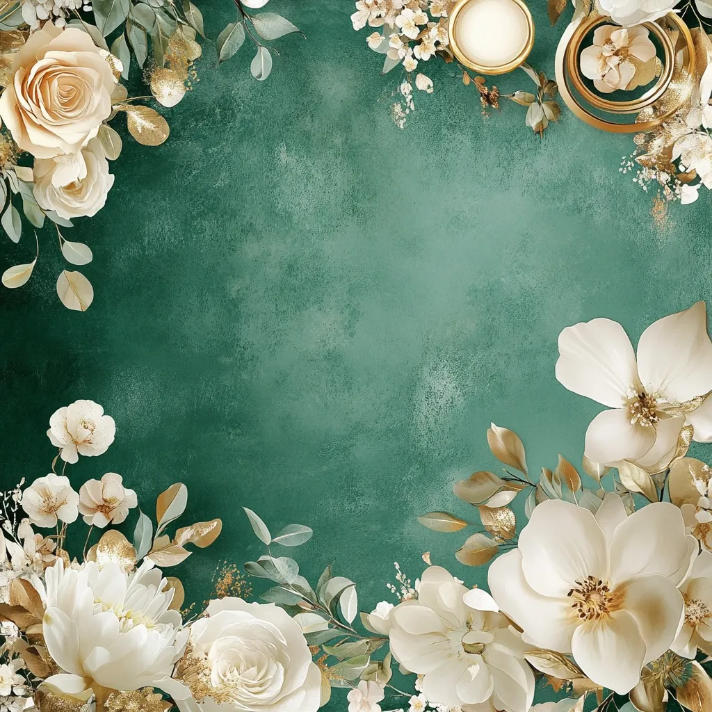 A lush green textured background is adorned with a border of creamy white flowers and gold accents.  Roses, peonies, and other blossoms are artfully arranged, creating a frame around a central empty space.  Gold-toned leaves and small details add to the elegant and luxurious feel.  Two gold circular elements, possibly candles or decorative pieces, are subtly placed within the floral design. The overall aesthetic is romantic and sophisticated.