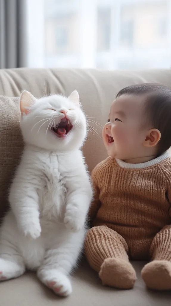 A heartwarming image shows a white kitten and a baby sitting side-by-side on a beige couch.  Both are looking at the camera, mouths open in expressions that resemble laughter. The kitten is fluffy and sits upright, while the baby is dressed in a light brown knitted outfit.  The scene exudes warmth and joy, capturing a tender moment between unlikely friends.