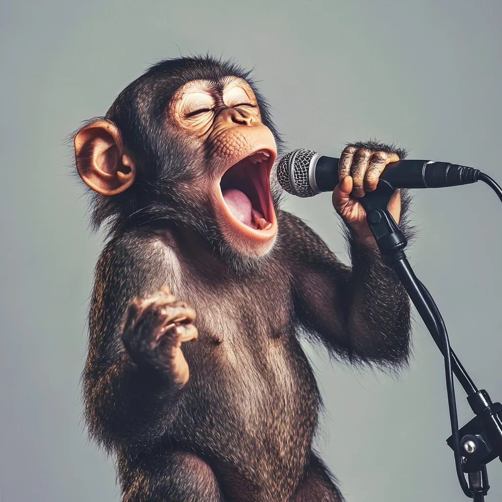 A young chimpanzee, eyes closed, passionately sings into a microphone.  Its mouth is wide open, revealing its teeth.  The chimp holds the mic with one hand, the other raised in a gesture of emotion.  The background is a muted grey, focusing attention on the expressive primate vocalist.  The image is humorous and captivating.