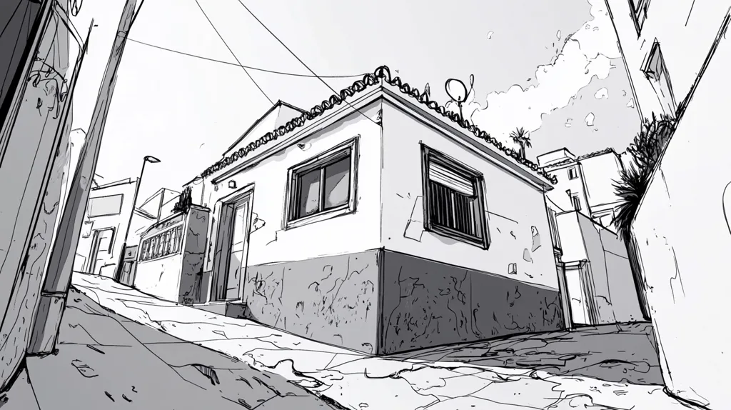 A monochromatic sketch depicts a quaint, single-story house nestled on a sloped street. The building's architectural style suggests a Mediterranean influence, with a simple design and visible wear. The street scene is confined, with tall buildings flanking either side, creating a narrow alleyway.  The style is loose and expressive, prioritizing form and composition over detail.  A sense of atmosphere is evoked by the interplay of light and shadow.