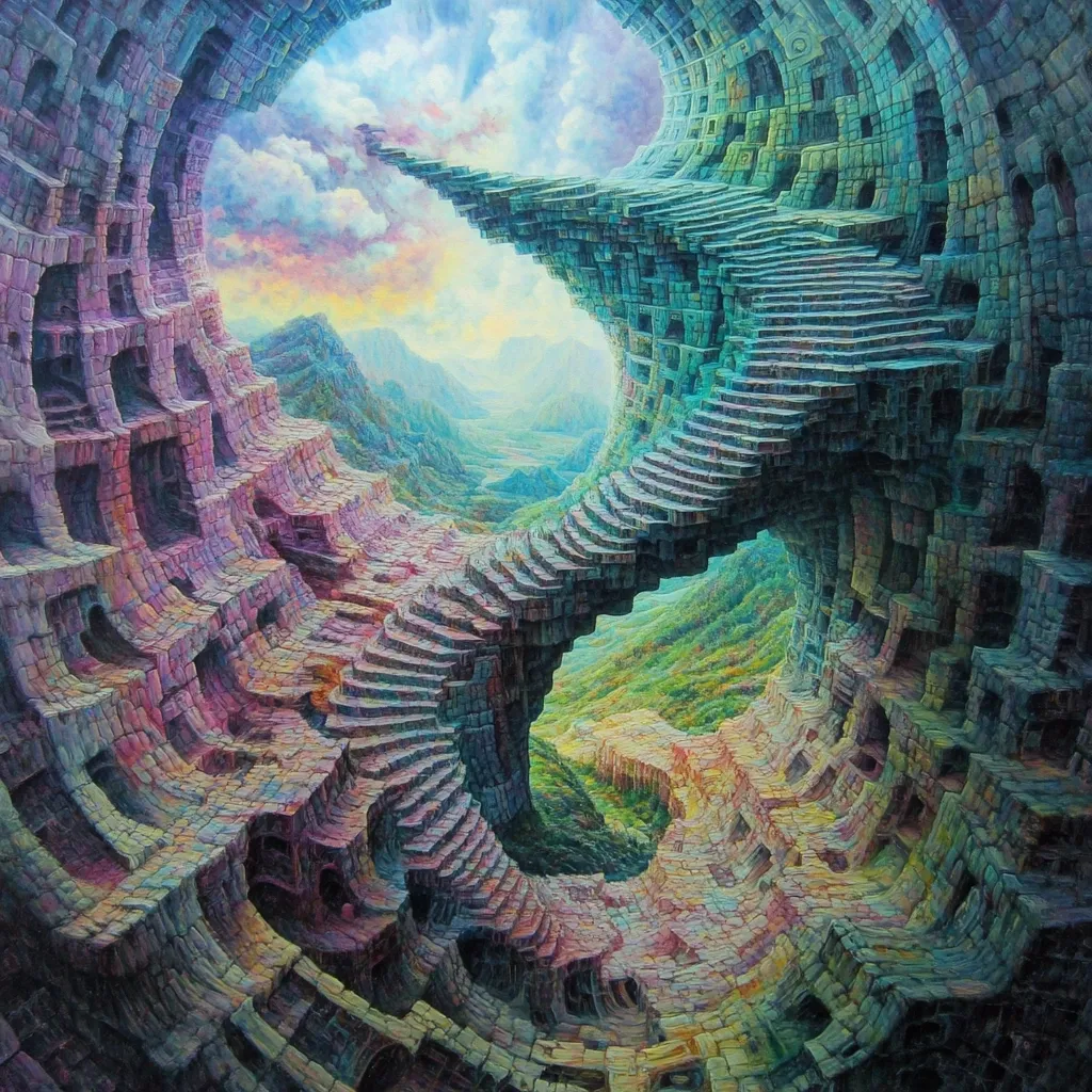 A surreal painting depicts a spiraling, stone staircase winding through a cavernous, fractal landscape.  The structure's multicolored blocks create a sense of depth and impossible geometry.  Beyond the opening, a tranquil valley unfolds under a pastel sky, creating a striking contrast between the intricate interior and the serene exterior.  The artwork blends fantasy architecture with a breathtaking natural vista.