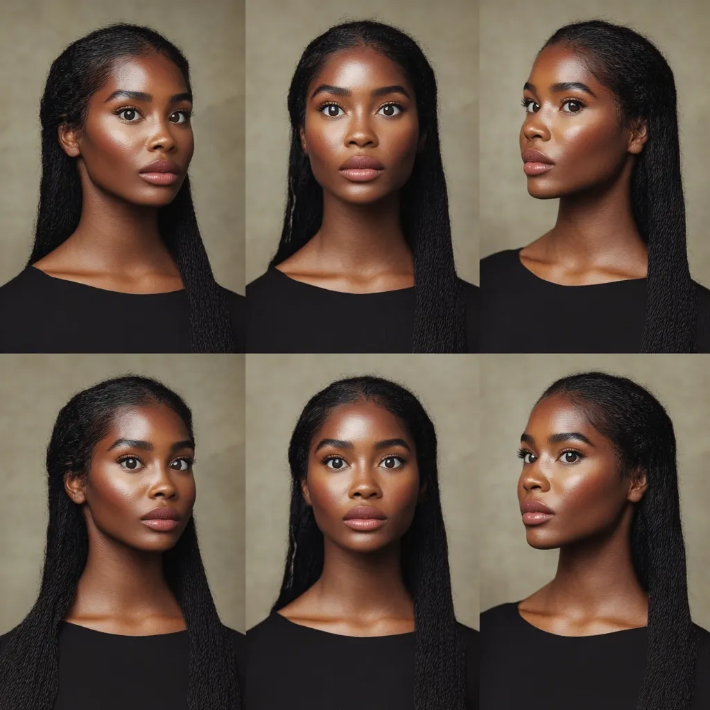 A young Black woman with long, thin braids is shown in a six-image collage.  Each photo presents a slight variation in pose and expression: facing forward, looking slightly to the side, and with subtle differences in her gaze. She wears a simple black top against a neutral background, highlighting her features and makeup.  The consistent lighting and styling create a striking, unified effect.
