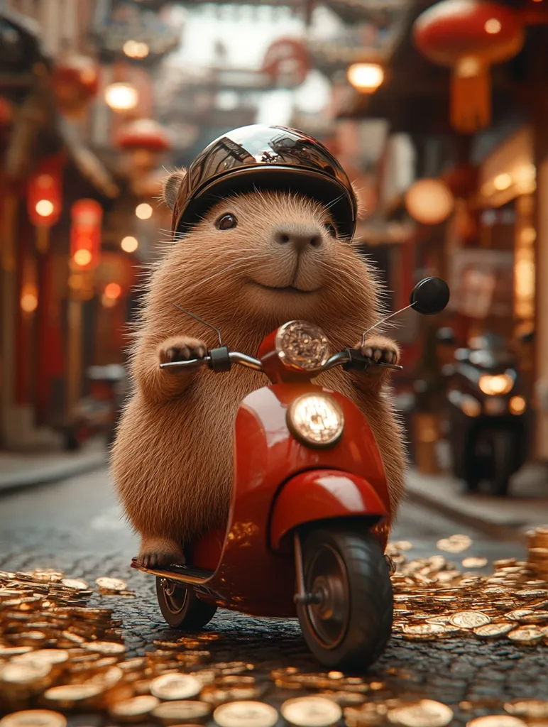 A cute capybara, wearing a black helmet, rides a red scooter down a cobblestone street strewn with gold coins.  The background is a blurry but vibrant Asian street scene with lanterns and shops.  The capybara appears happy and content, enjoying its journey. The scene is digitally rendered, with a whimsical and charming aesthetic.