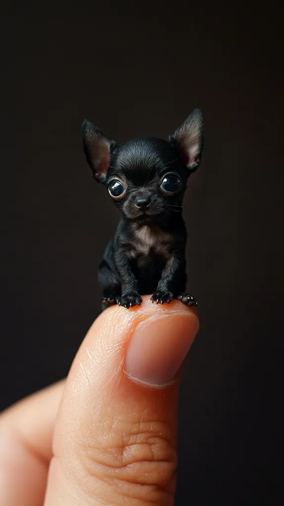 A tiny black chihuahua puppy sits perched atop a person's thumb.  Its large, expressive eyes and small size are striking against the dark background. The puppy's coat is sleek and dark, and its paws are neatly tucked beneath it.  The contrast between the puppy's size and the human thumb emphasizes its miniature stature.