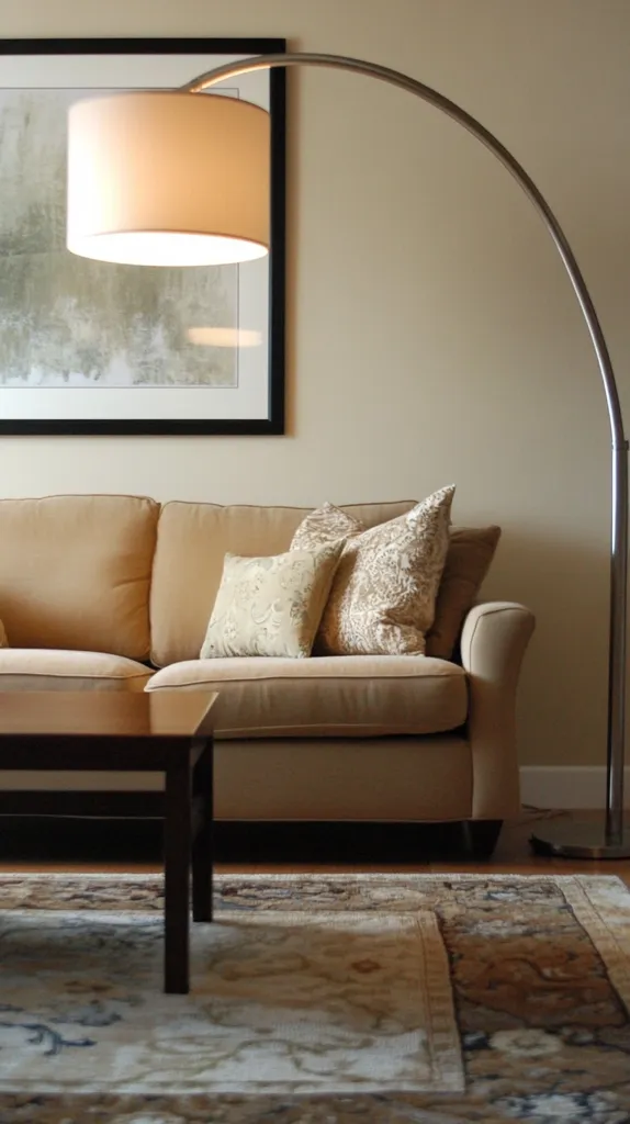 A beige sofa with patterned throw pillows sits in a living room, illuminated by a modern arc floor lamp with a cream-colored shade.  A framed artwork hangs above the sofa.  A dark wood coffee table rests in front, and an ornate area rug covers the hardwood floor. The overall color palette is neutral and calming.