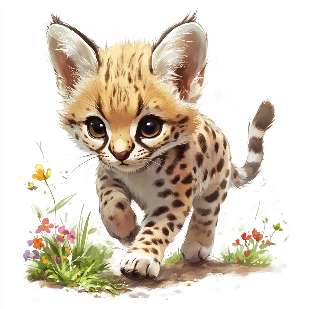 An adorable, stylized illustration of a serval kitten.  The kitten, with large, expressive eyes, is depicted walking towards the viewer amidst a patch of wildflowers and grass.  Its spotted coat is realistically rendered, contrasting with the softer, painterly style of the background. The overall impression is one of cuteness and gentle charm.