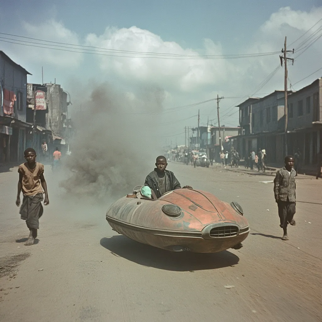 A young boy drives a homemade, futuristic-looking vehicle down a dusty street in a bustling African city.  The car kicks up a cloud of dust behind it. Two other boys walk nearby, one casually, the other seemingly observing the unique vehicle.  Buildings line the street, showcasing a blend of urban and informal architecture. The scene is captured in a vintage photograph, evoking a sense of time and place.