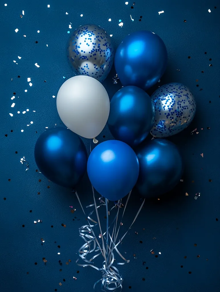 A cluster of balloons in shades of blue and silver floats against a deep blue background, scattered with silver confetti.  The balloons are glossy and appear to be metallic. A single white balloon sits amongst the blues, adding a contrasting element.  Silver ribbons trail down from the bunch, adding to the celebratory feel.
