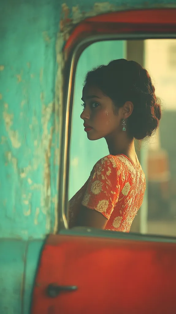 A young woman with dark hair, styled in an updo, wears a floral orange top. She stands in profile, looking away from the camera, a single tear tracing her cheek.  Her earrings dangle delicately. She is framed in the window of a vintage, rusty red car, set against a teal background. The image evokes a melancholic and nostalgic mood.