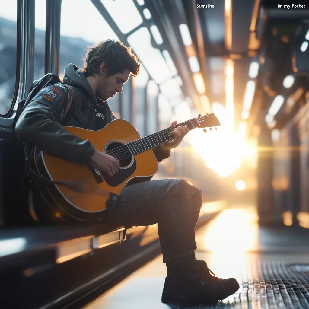 A young man sits on a bench in a sun-drenched transit station, playing an acoustic guitar.  The warm light illuminates him as he strums chords, his focused expression suggesting deep concentration.  He's dressed casually in dark clothing, his posture relaxed yet attentive.  The setting evokes a sense of quiet contemplation and musical intimacy.