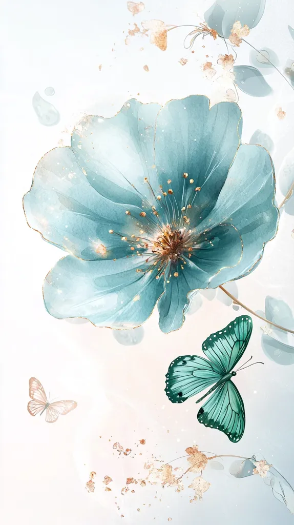 A delicate watercolor painting showcases a large, light teal flower, its petals delicately outlined with gold.  Two butterflies, one teal and one beige, flutter nearby.  Subtle gold accents and translucent leaves add to the ethereal, dreamlike quality of the artwork, creating a serene and elegant composition. The background is a soft, light blue.
