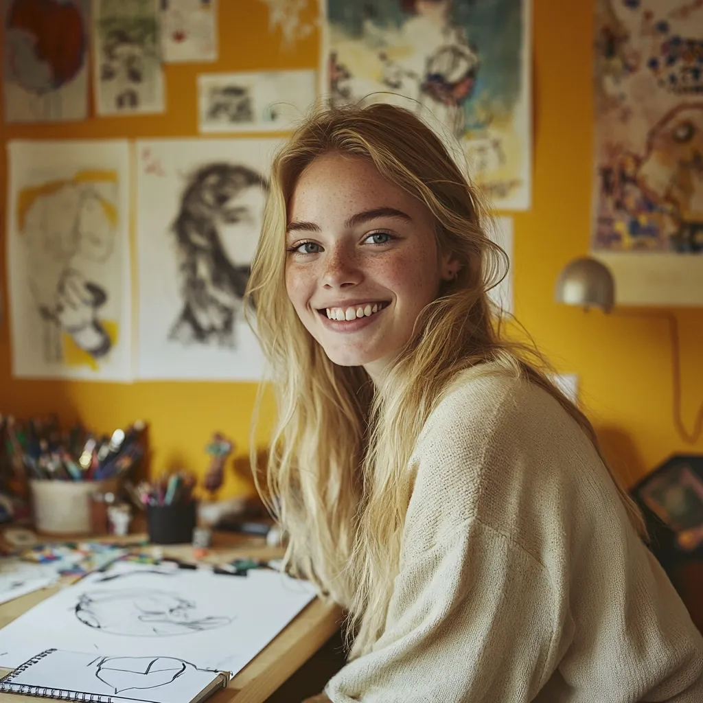 A young woman with long blonde hair and freckles smiles warmly at the camera.  She's sitting at a desk in a room with mustard-yellow walls adorned with artwork.  A sketchbook lies open before her, suggesting artistic pursuits.  Colored pencils and other art supplies are visible on the desk, creating a creative and cozy atmosphere.