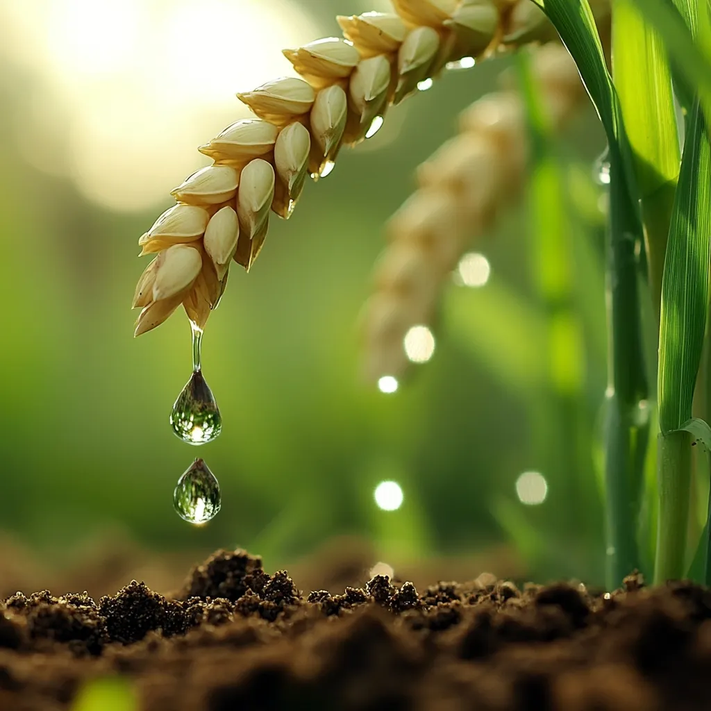 A close-up shot captures a wheat stalk with water droplets falling onto rich soil.  The sunlit scene emphasizes the life-giving nature of water for agriculture.  The background is softly blurred, focusing attention on the falling drops reflecting light. The image conveys themes of growth, nourishment, and the cycle of nature.