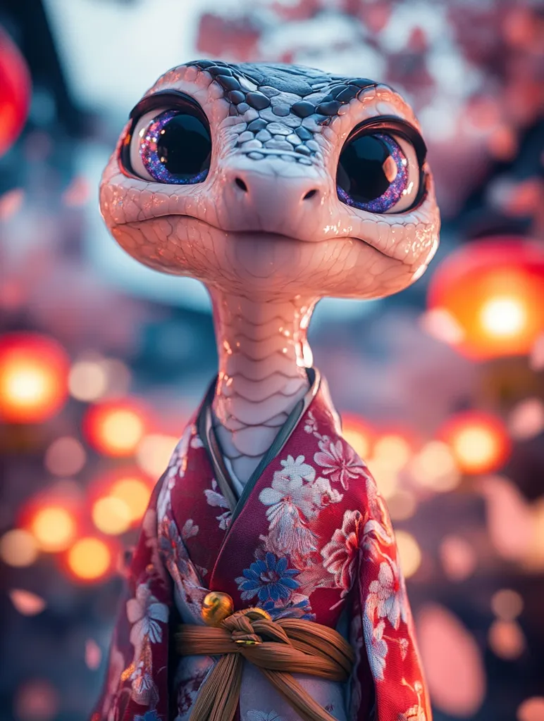 A cute, anthropomorphic snake with large, sparkling eyes is depicted wearing a vibrant red and floral kimono.  The snake's expression is gentle and amiable.  The background is softly blurred, showcasing a bokeh effect with warm-toned lights, possibly lanterns, creating a magical and whimsical atmosphere. The overall style is digitally rendered, with a focus on charming character design.