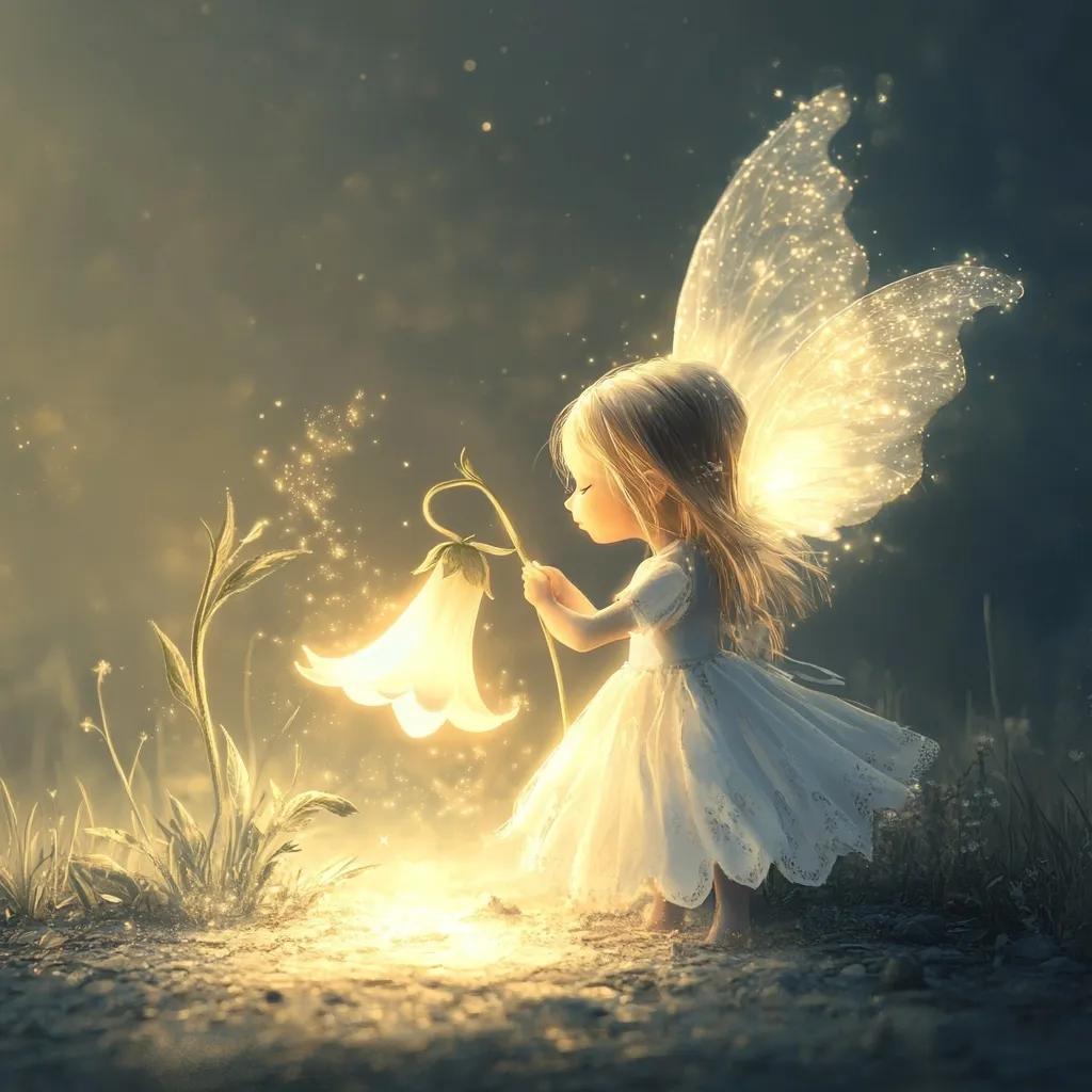 A whimsical illustration depicts a fairy with translucent, glittering wings.  She is delicately dressed in a white gown and gently holds a luminous, bell-shaped flower.  Golden light emanates from the flower and illuminates the fairy and the surrounding ground, creating a magical, ethereal atmosphere.  The scene is softly focused, adding to its dreamlike quality.