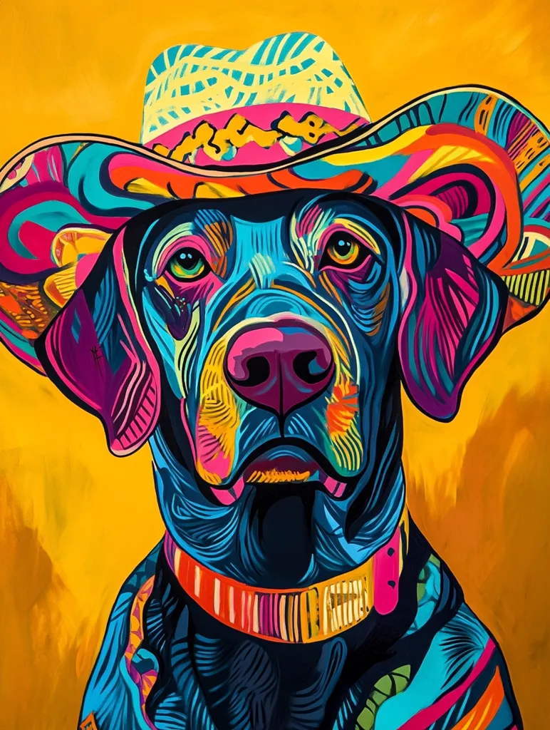 A vibrant, stylized portrait of a black Labrador Retriever wearing a large, brightly colored cowboy hat. The dog's fur is depicted in bold strokes of blues, pinks, and oranges against a sunny yellow background.  The art style is reminiscent of pop art or graffiti, with sharp lines and a bold color palette.  The dog's expression is serious yet engaging.