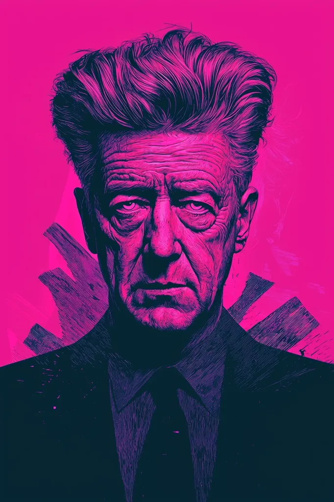 A stylized portrait of David Lynch, rendered in vibrant pink and dark purple hues.  His distinctive hairstyle and intense gaze are emphasized by the bold lines and crosshatching of the artwork. The background features abstract splatter and graphic elements, adding to the piece's dramatic and artistic flair. The overall effect is a powerful and memorable image of the renowned filmmaker.