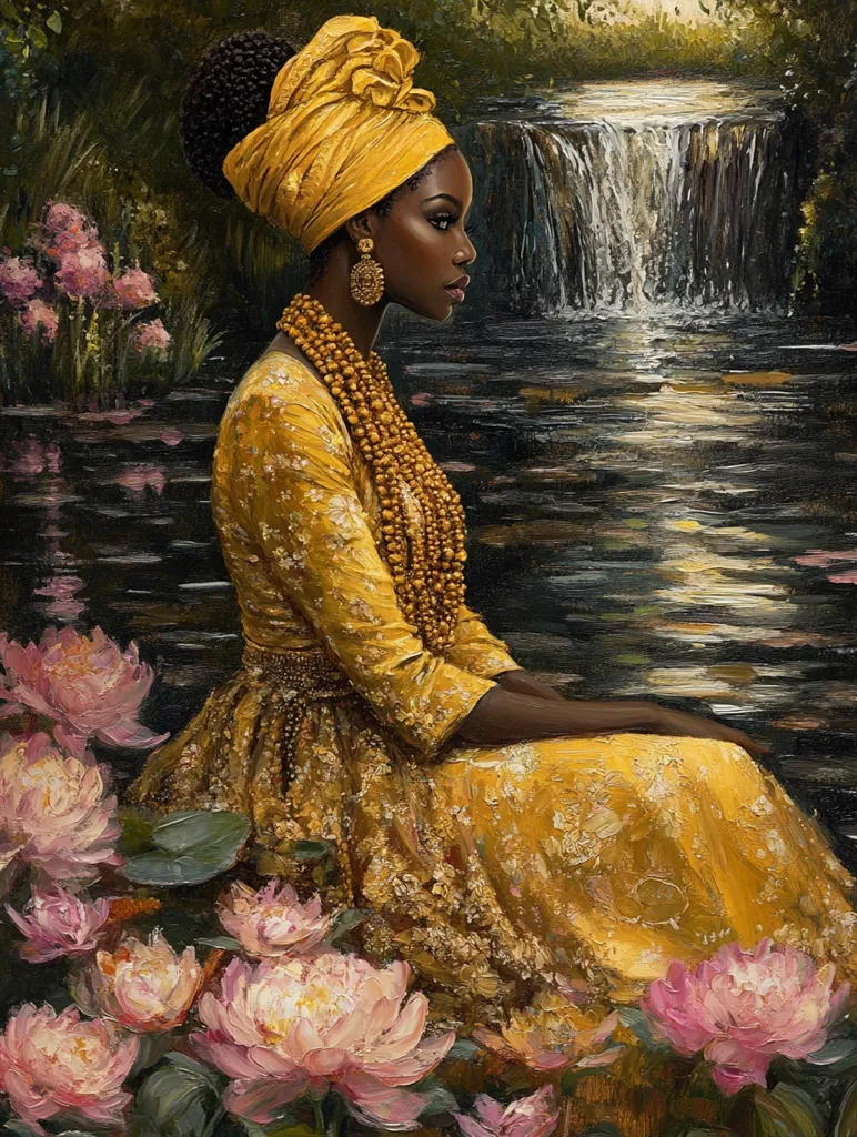 A painting depicts a Black woman in profile, seated amidst pink lotus blossoms by a tranquil pond. She wears a golden yellow dress and headwrap, adorned with gold jewelry.  A waterfall flows gently in the background, creating a serene and contemplative atmosphere. The rich colors and textures evoke a sense of regal beauty and tranquility.