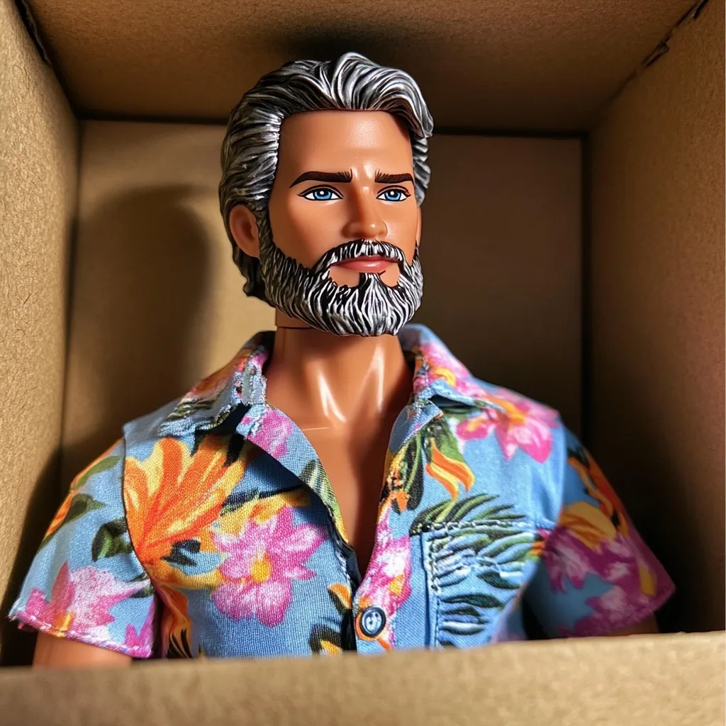 A Ken doll, sporting a stylish graying beard and a vibrant tropical-print shirt, sits inside a cardboard box. His blue eyes and tanned skin contrast sharply with his silver hair. The doll's expression is one of quiet contemplation, suggesting a sense of relaxed confidence.  The lighting emphasizes the details of his features and clothing.