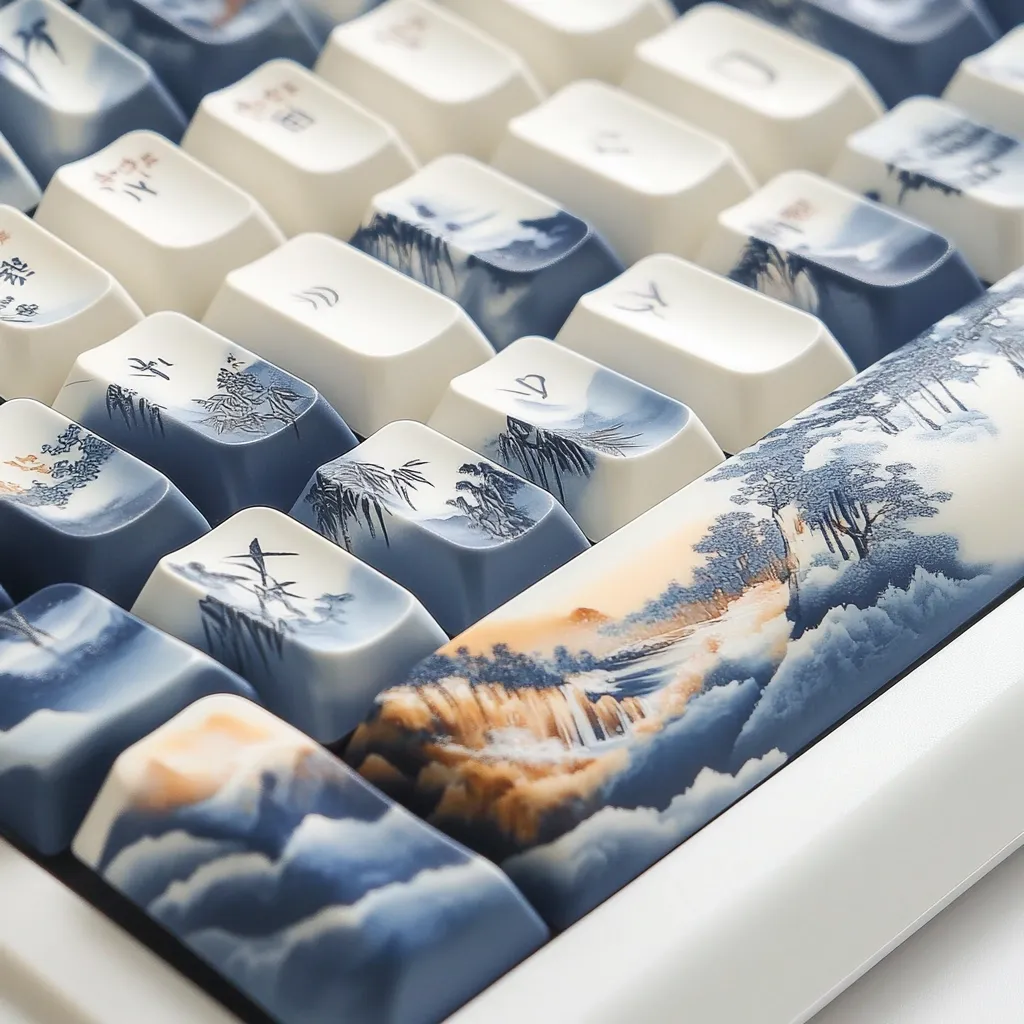 A close-up shot reveals a custom mechanical keyboard adorned with keycaps featuring delicate, hand-painted Chinese landscape scenes.  Blues and whites dominate the serene imagery of mountains, trees, and water, creating a visually appealing and artistic keyboard.  The white keyboard frame complements the artwork, enhancing the overall aesthetic. The keycaps are meticulously detailed, showcasing the artist's skill.