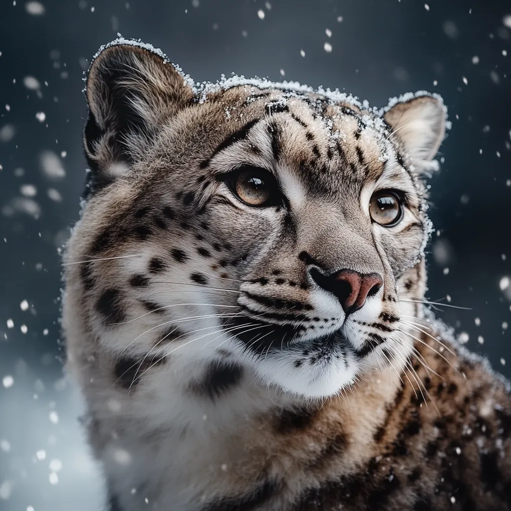 A close-up portrait of a snow leopard, its fur dusted with snowflakes.  The big cat's gaze is intense, its amber eyes captivating against the blurred, dark background.  The image focuses on the animal's beautiful markings and textured fur, emphasizing its wild and majestic nature in a wintry setting.  Soft snowfall adds a serene, atmospheric touch.